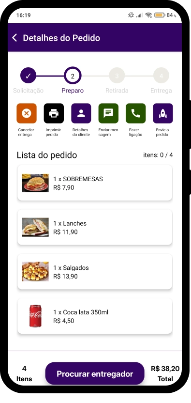 Tela do app com pedido em andamento